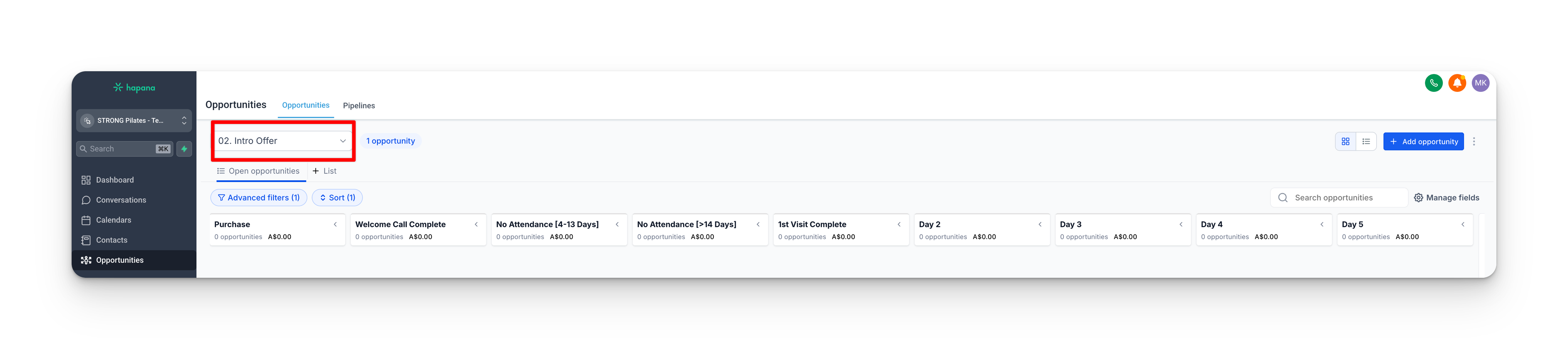 The Intro Offer pipeline board in Grow, every column from Purchase through the Day stages to the exits.